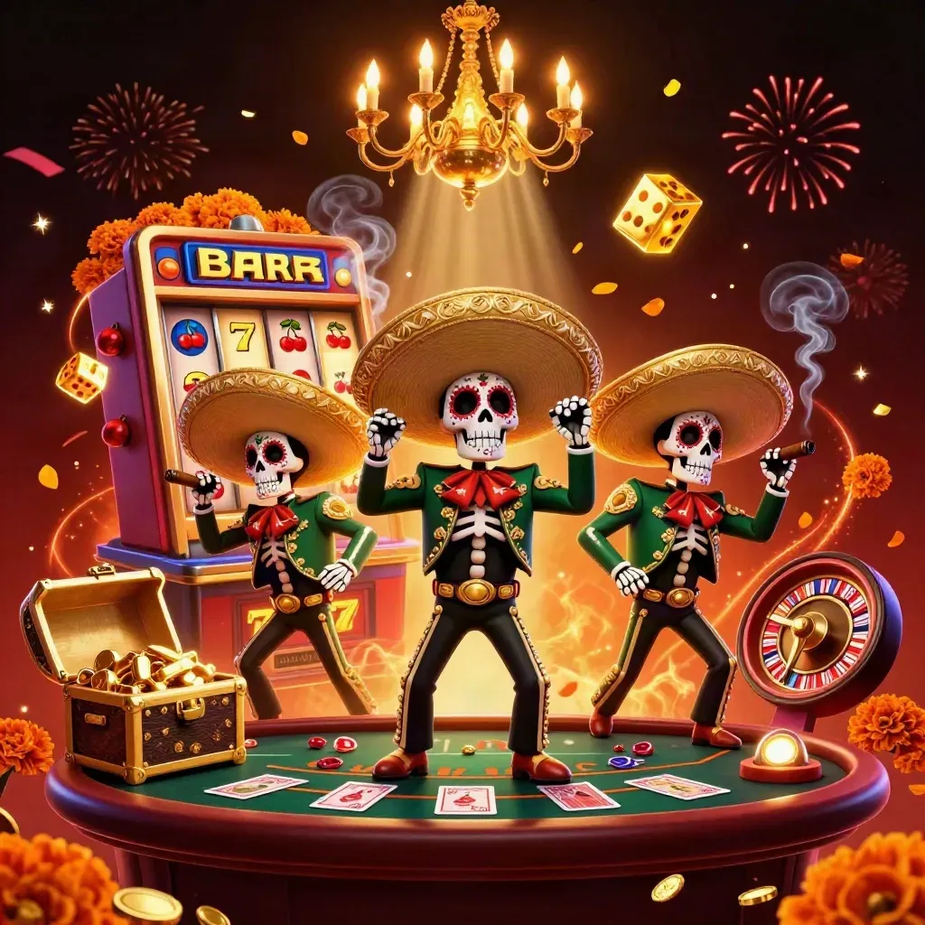 Skeleton mariachi trio amid slot machine magic, roulette, cards, gold, fireworks, and casino glow.