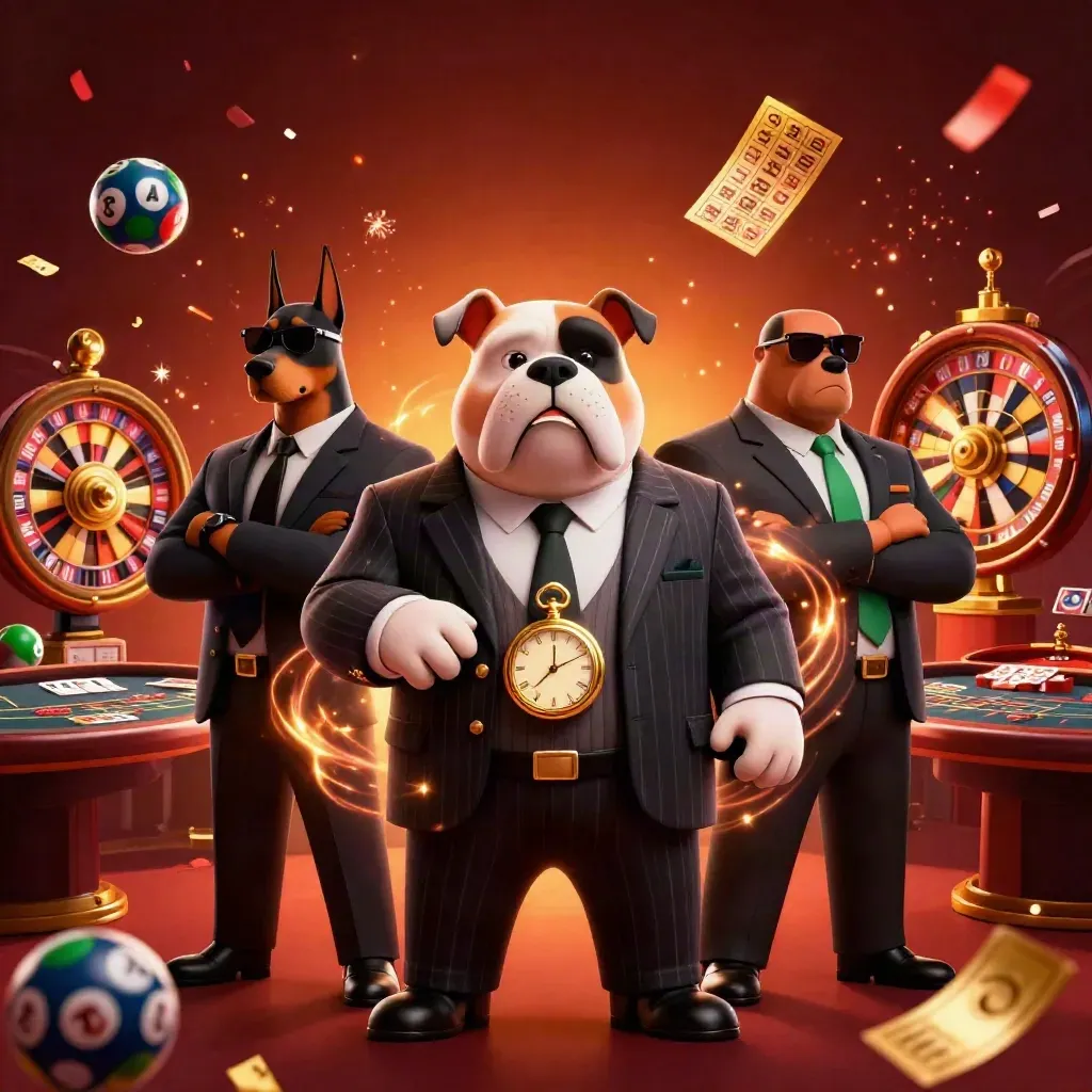 Bulldog casino boss with two Doberman guards amid spinning game pieces and golden casino lights