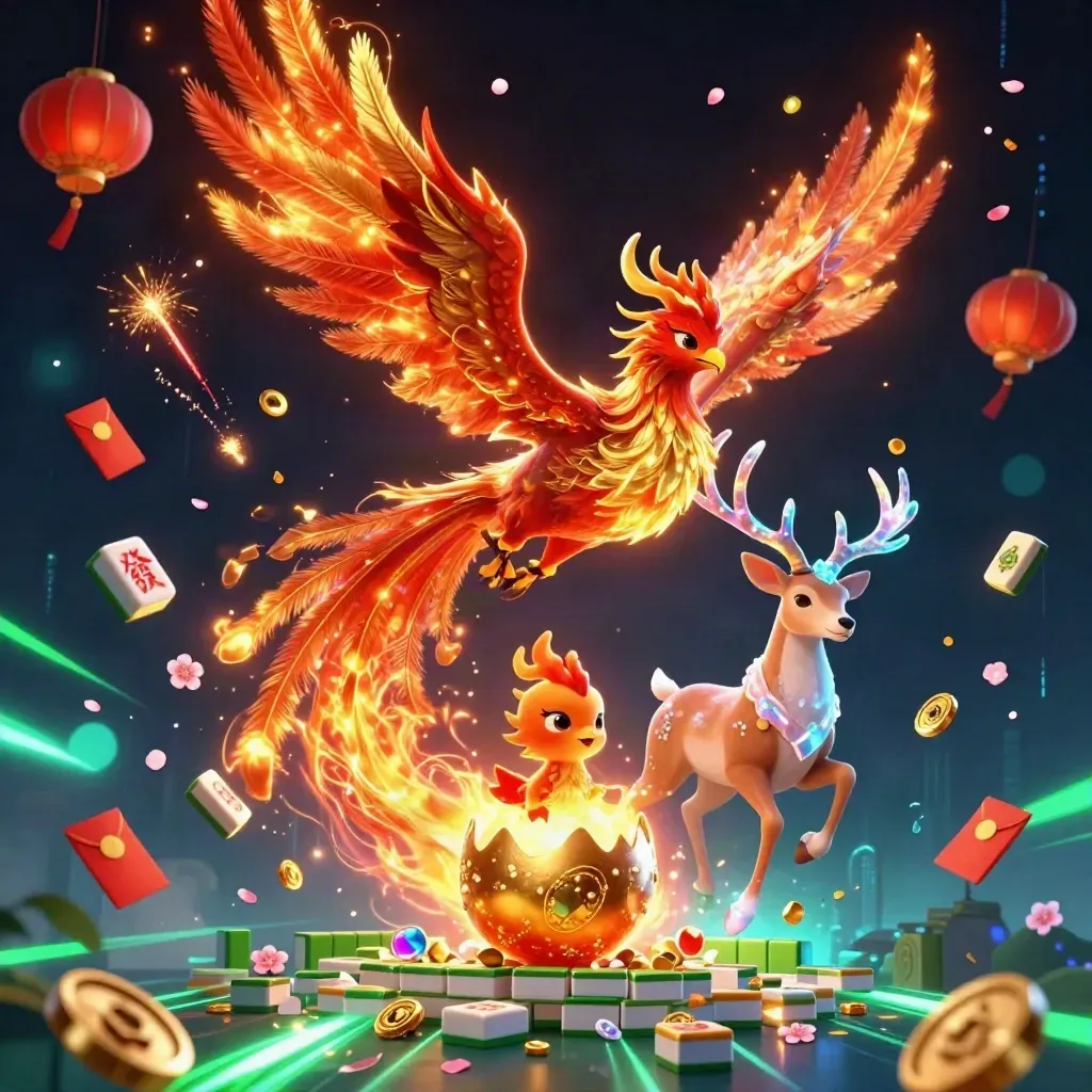 Phoenix, hatching baby phoenix, and crystalline stag amid casino treasures and neon effects.