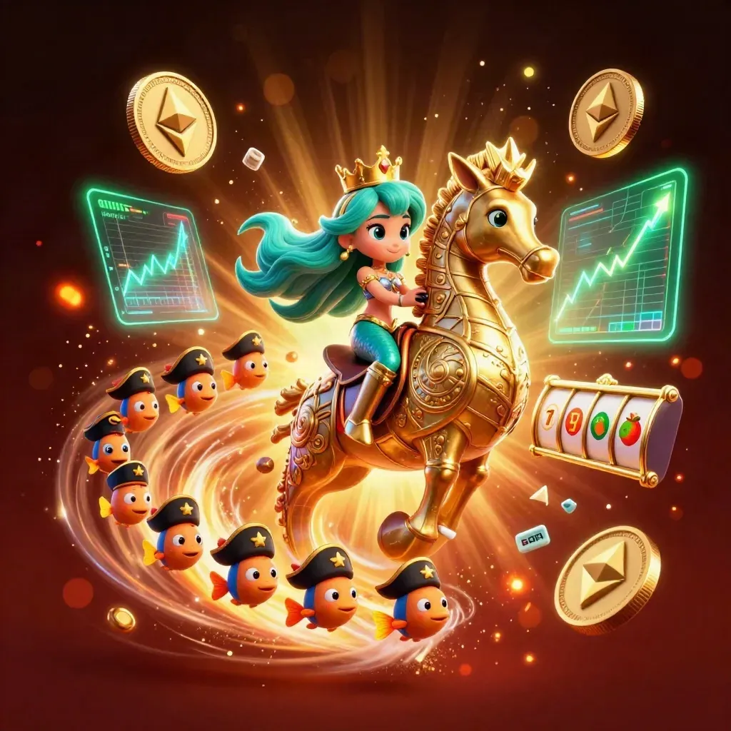 Mermaid princess rides an armored seahorse amid crypto coins, pirate fish, lightning, and casino glow.