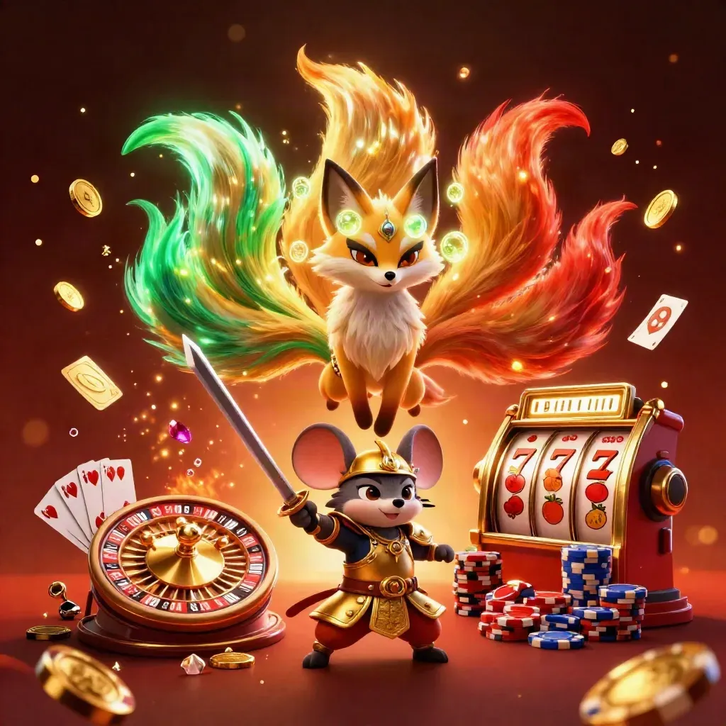 Fox spirit and samurai mouse amid coins, gems, roulette wheel, cards, chips and ember glow.