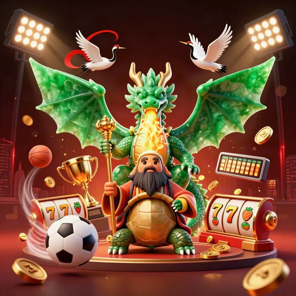 Emerald dragon, turtle sage and cranes amid casino coins, sports balls and golden fire.