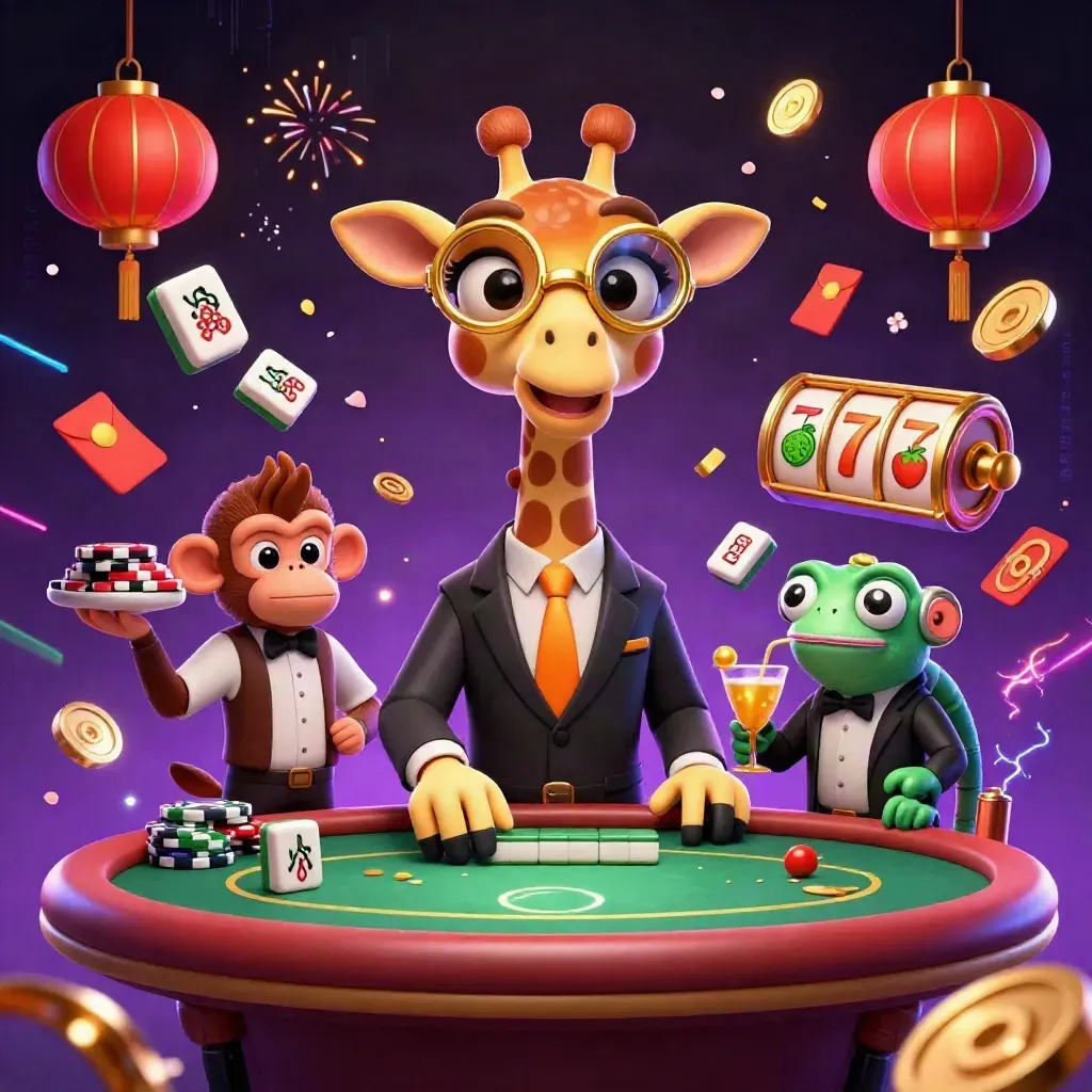Giraffe, monkey, and chameleon casino heroes amid glowing tiles, coins, lanterns, and neon energy.